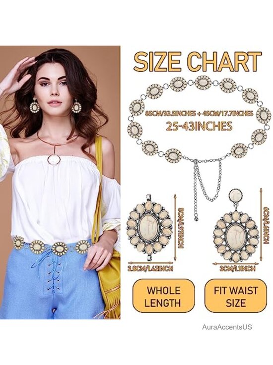 Turquoise Concho Chain Belt Set with Earrings Metal Western main image 5